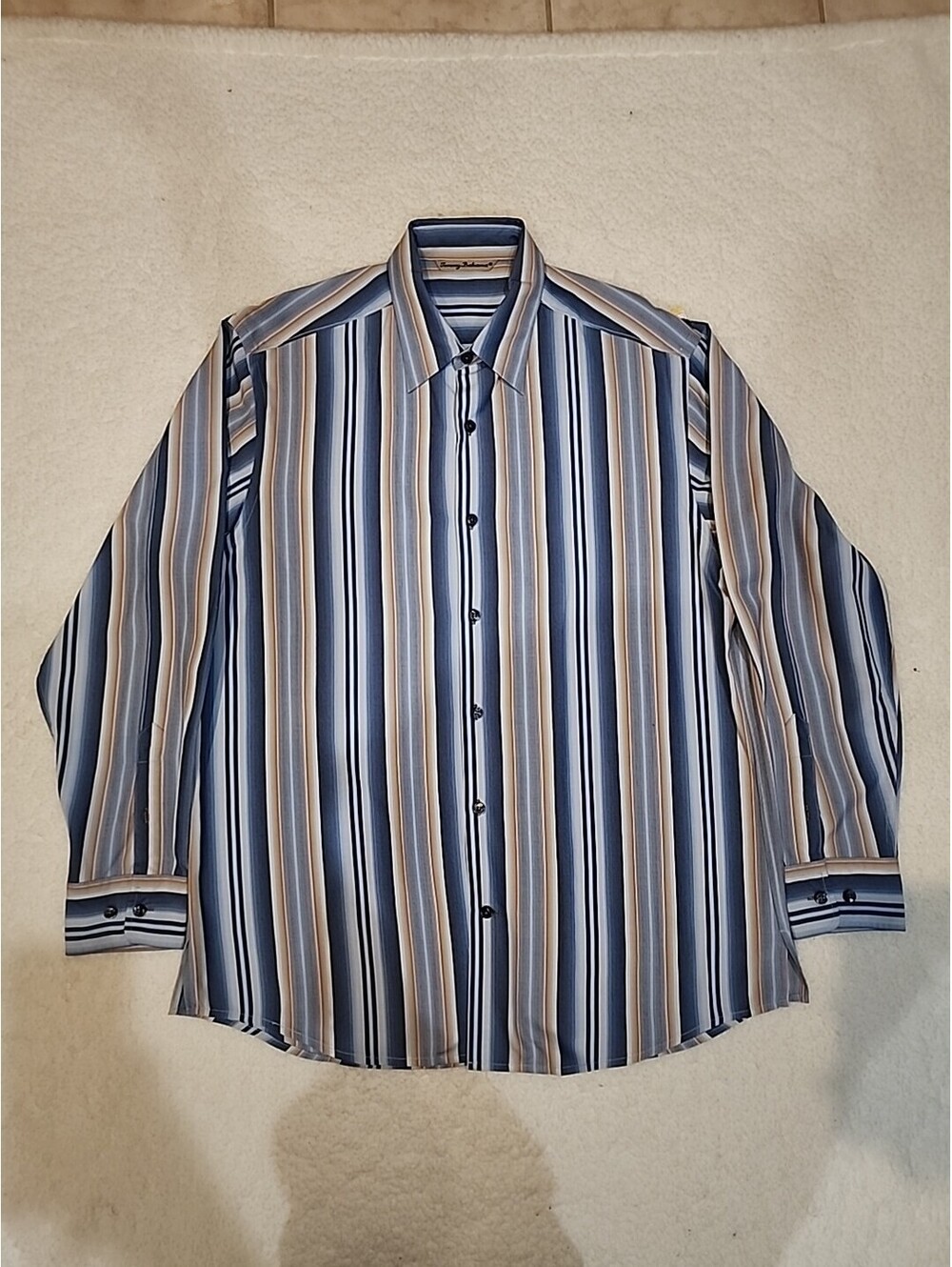 Men’s M  Tommy Bahama Blue/Orange Striped Long Sleeve Button Up 100% Silk Shirt